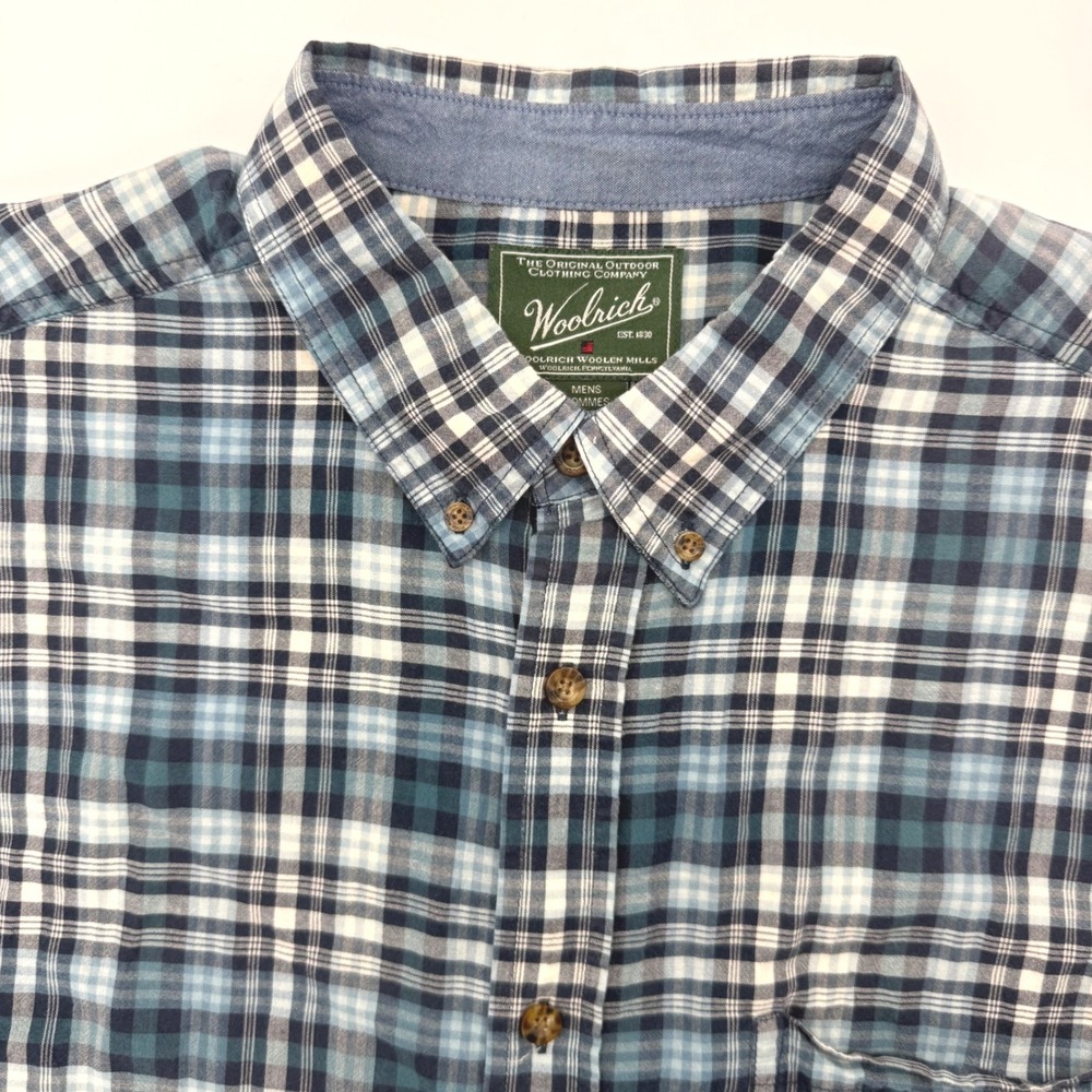 Woolrich Button Down Mens XXL Blue Plaid Short Sleeve Cotton Casual Shirt